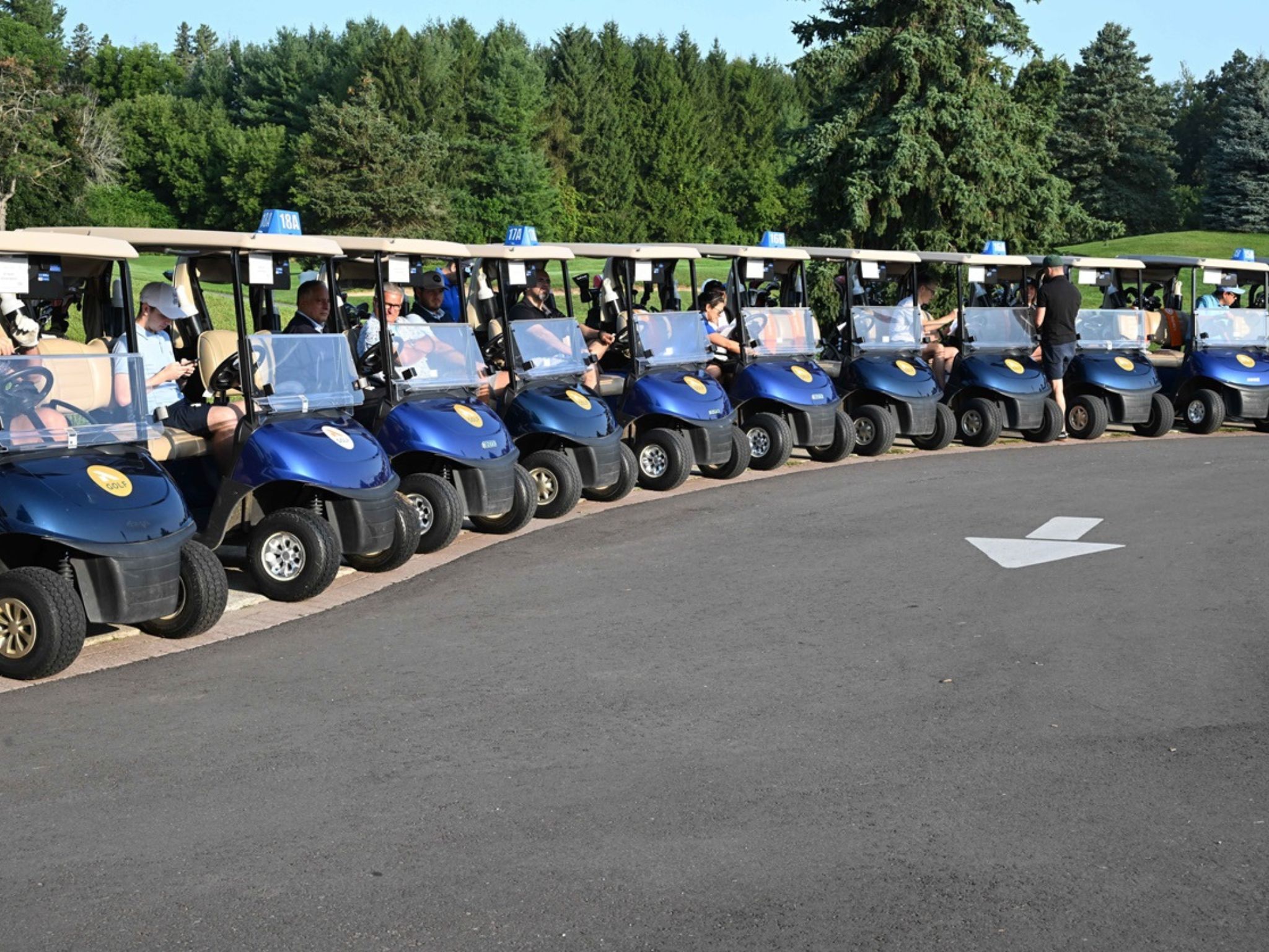 Row of blue golf carts lined up