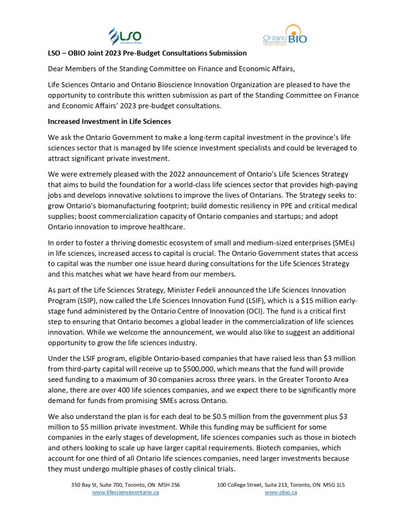 Letter regarding Ontario's life sciences investment