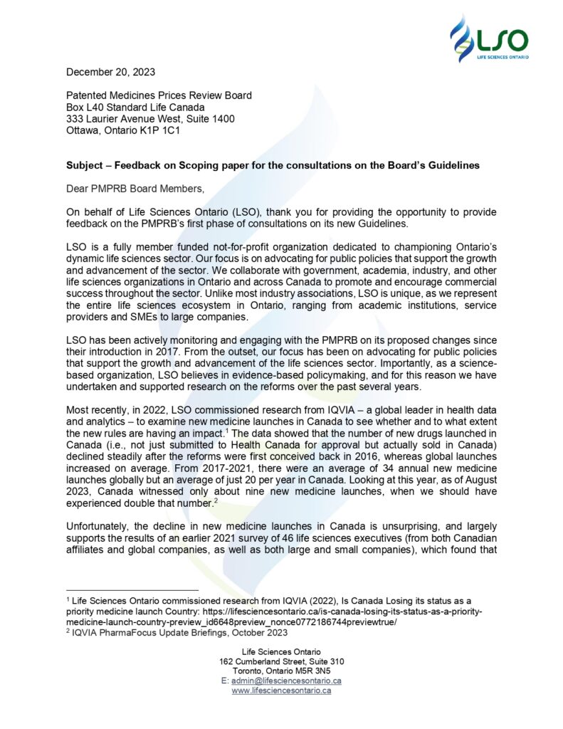 Letter regarding feedback on guidelines