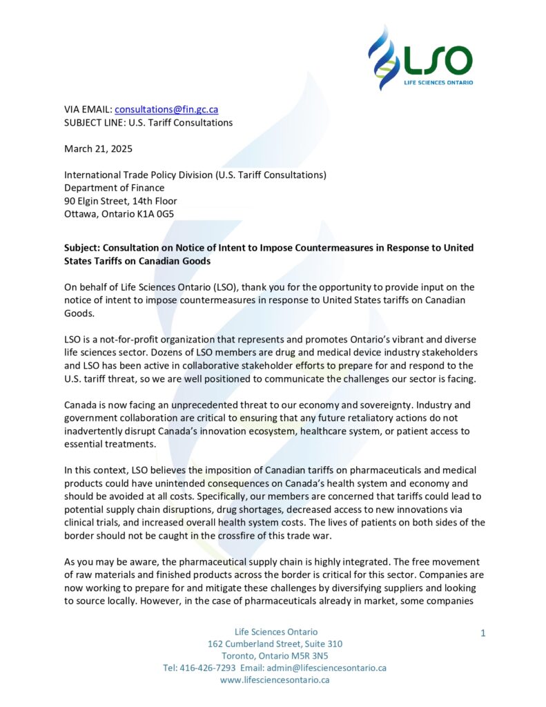 Letter regarding U.S. tariffs on goods