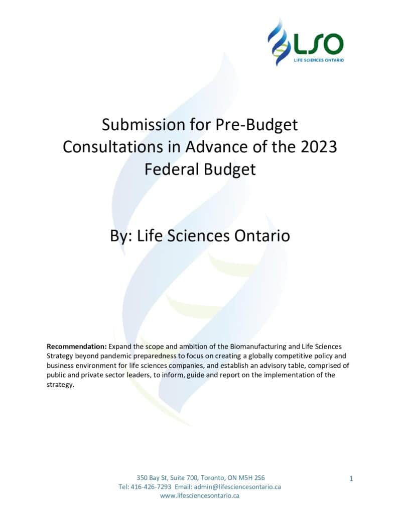 Pre-budget submission by Life Sciences Ontario