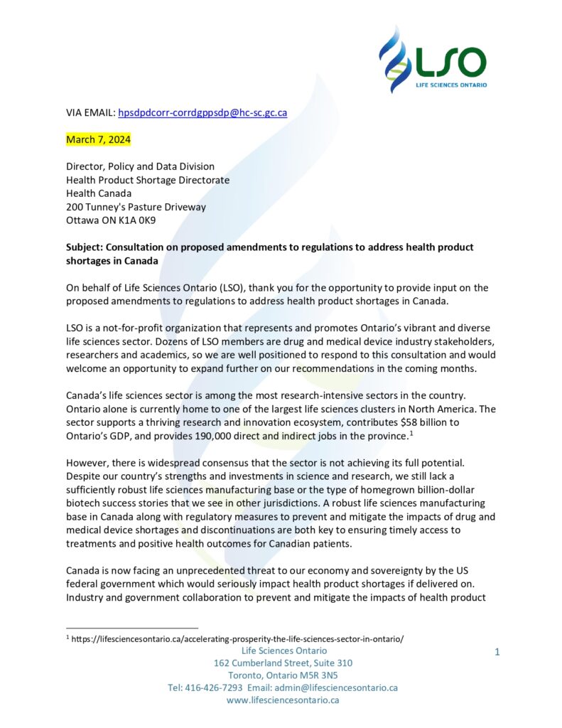 Letter regarding health product shortages