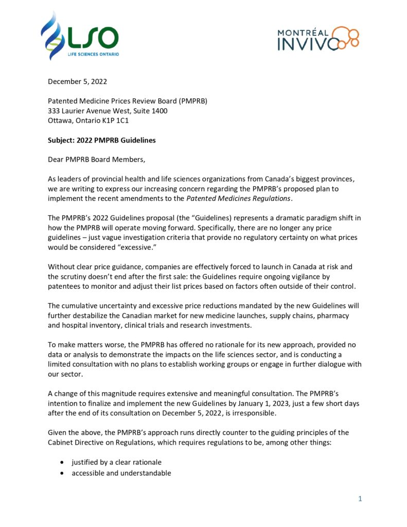 Letter regarding PMPRB guidelines submission
