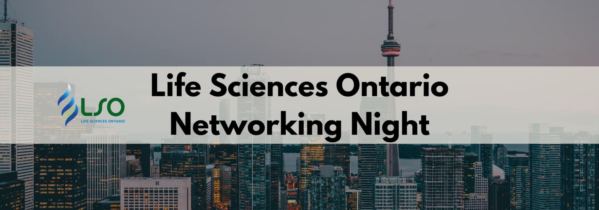 City skyline with networking event title